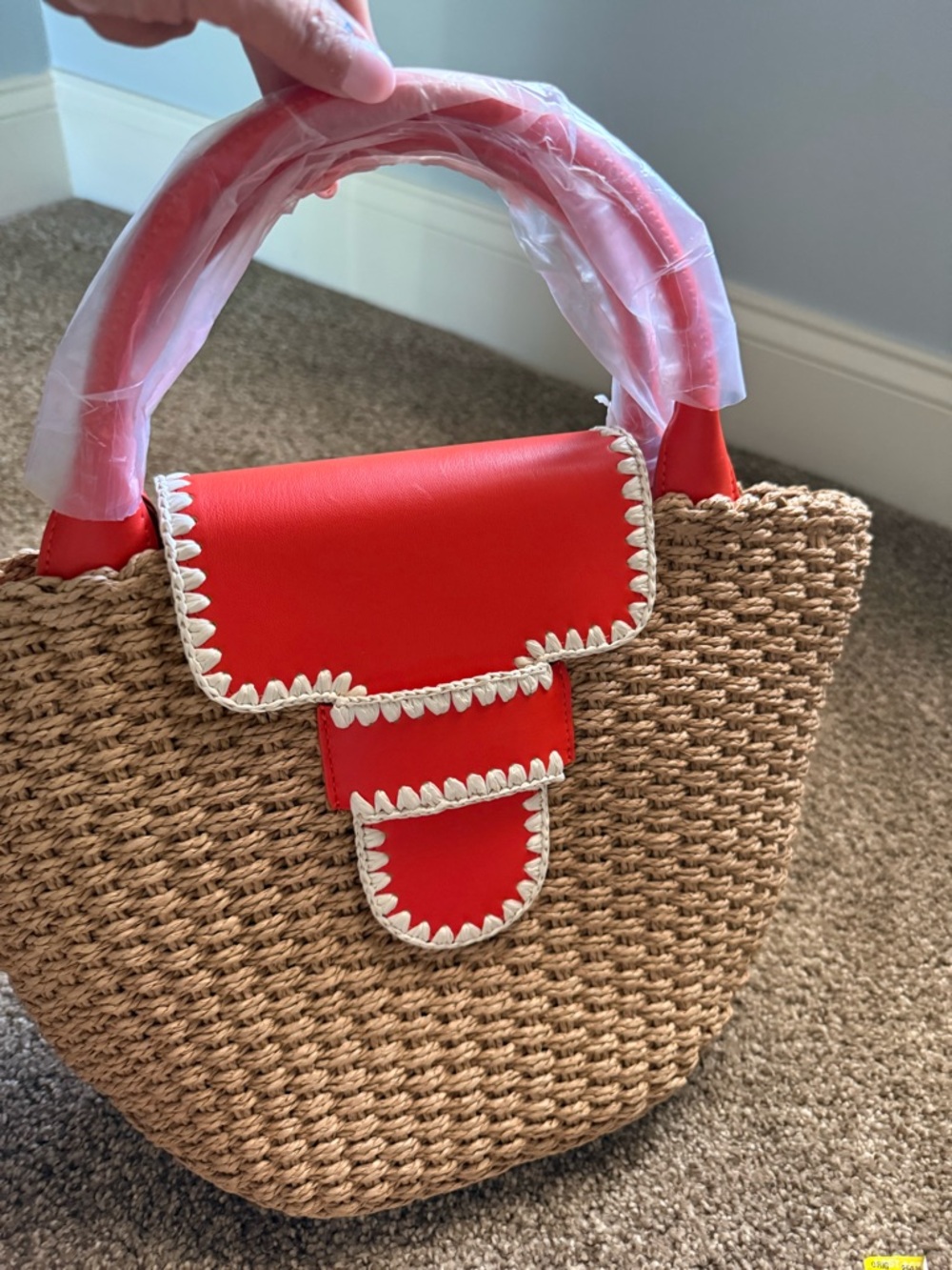 Straw Tote with Red Trim and White Whipstitch Detailing